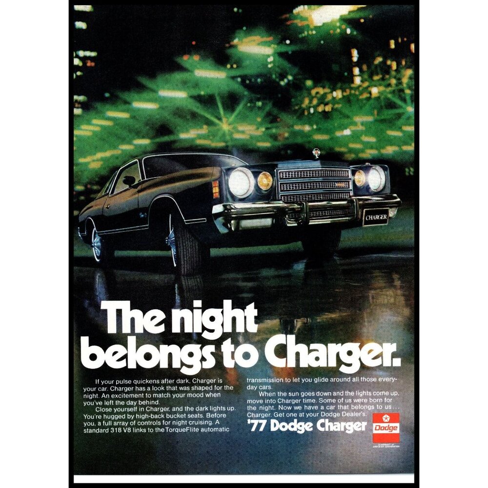 1977 Dodge Charger 2 Door Coupe Vintage Print Ad City Skyline at Night Wall Art